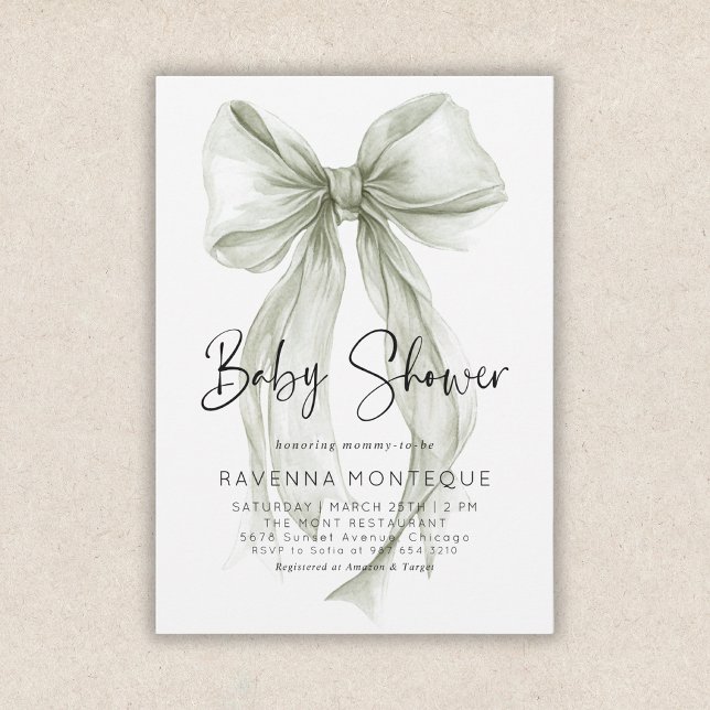 Preppy Sage Bow Clean Personalised Baby Shower  Invitation (Creator Uploaded)