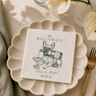 Preppy Sage Green French Bulldog Champagne Wedding Napkin