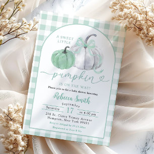 Preppy Sage Green Gingham Pumpkin Baby Shower Invitation