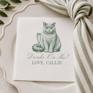 Preppy Sage Green Shorthair Cat Champagne Wedding Napkin