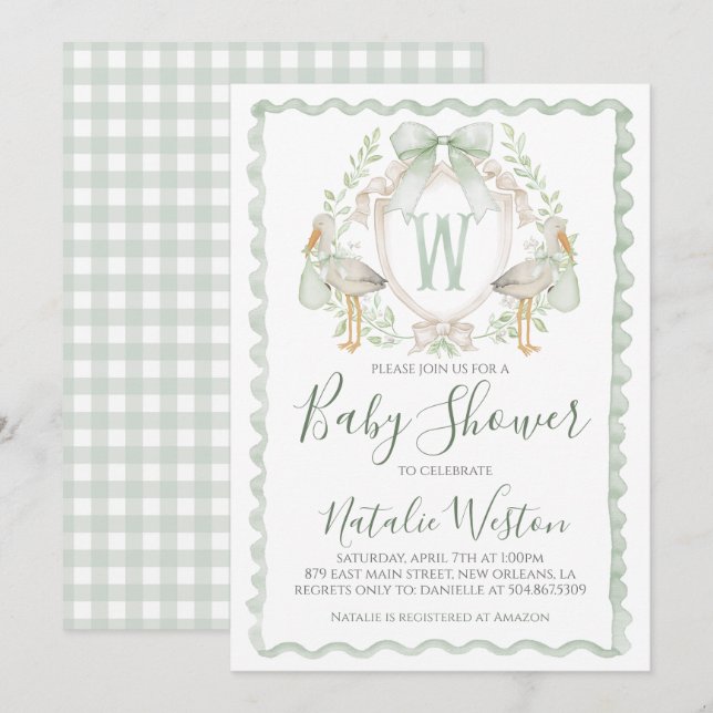 Preppy Sage Green Stork Boy Baby Shower Invitation (Front/Back)