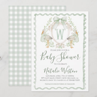 Preppy Sage Green Stork Boy Baby Shower Invitation