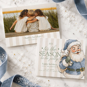 Preppy Sage Green Typography Santa Family Photo Holiday Card