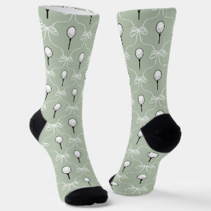 Preppy Sage White Bow Golf Ball Pattern Socks