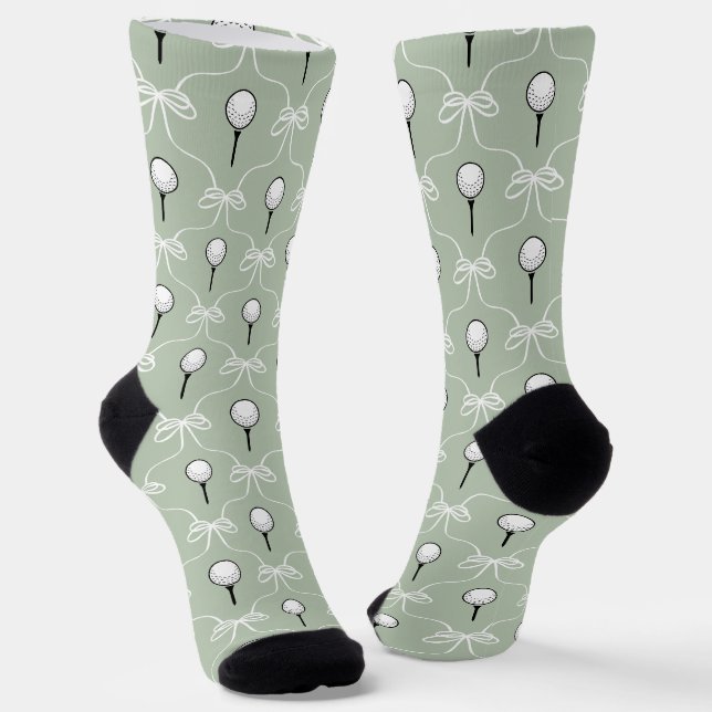Preppy Sage White Bow Golf Ball Pattern Socks (Angled)