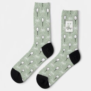 Preppy Sage White Bow Golf Pattern Monogram Socks