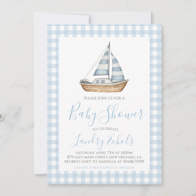 Preppy Sail boat Nautical Blue Boy Baby Shower Invitation (Front)