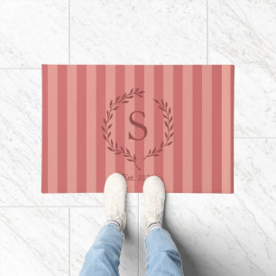 Preppy Salmon Stripes Wreath and Year Established Doormat