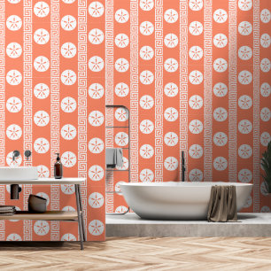 Preppy Sand Dollar Greek Key Coral & White Wallpaper