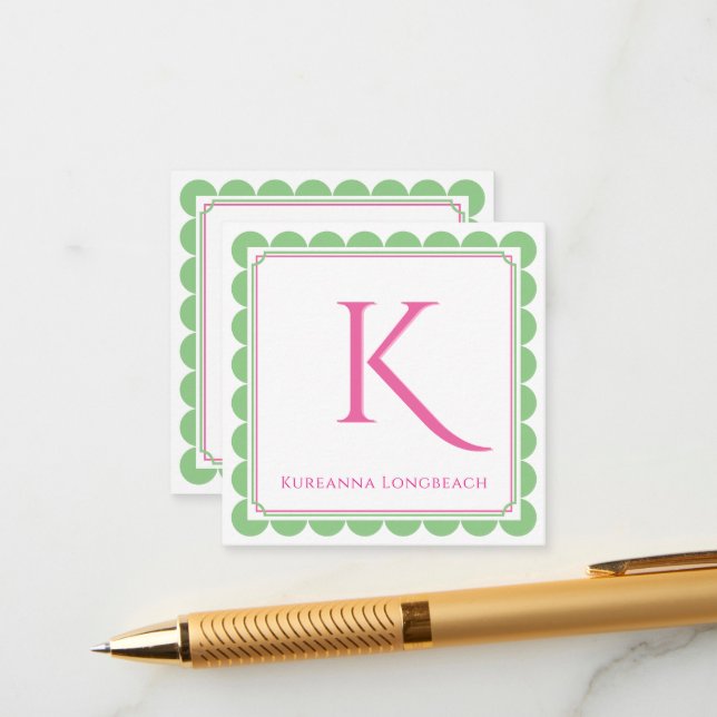 Preppy Scallop Monogram Pink & Mint Green Calling Enclosure Card (Front/Back In Situ)