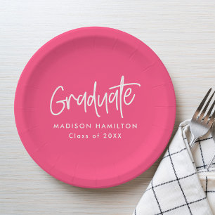 Preppy Script Hot Pink Graduation Paper Plate