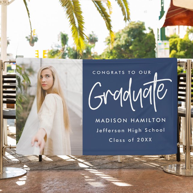 Preppy Script Navy Photo Graduation Banner (Creator Uploaded)