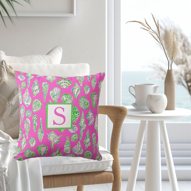 Preppy Sea Shells on Hot Pink Monogram Seaside Cushion (Creator Uploaded)