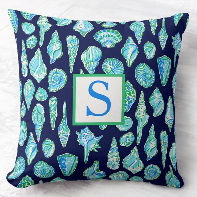 Preppy Sea Shells on Navy Background Monogram Cushion (Creator Uploaded)