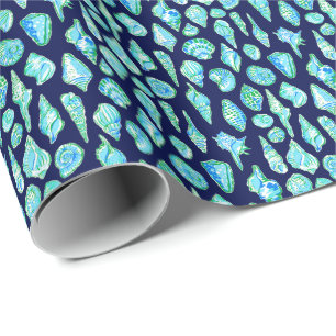 Preppy Sea Shells on Navy Background Wrapping Paper