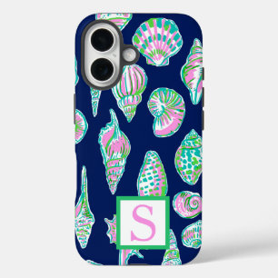Preppy Sea Shells on Navy Blue Background Monogram iPhone 16 Case