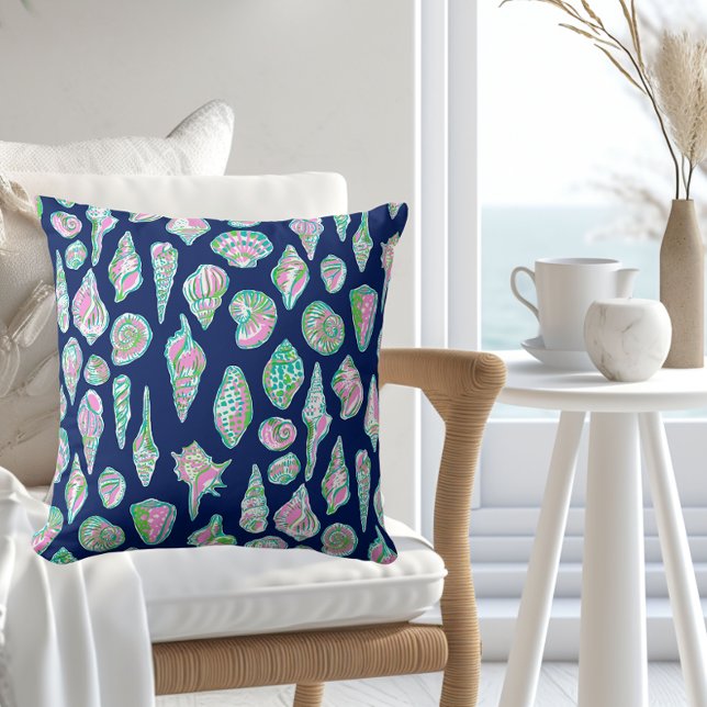 Preppy Sea Shells on Navy Blue Background Seaside Cushion (Creator Uploaded)