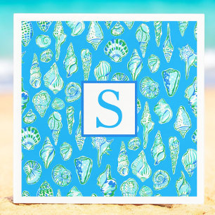 Preppy Seashell Monogram / Blue Coastal Beach Napkin