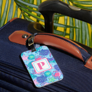 Preppy Shells Crabs Starfish Monogram Coastal Blue Luggage Tag