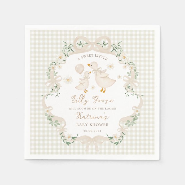 Preppy Silly Goose Neutral Bow Floral Baby Shower Napkin (Front)