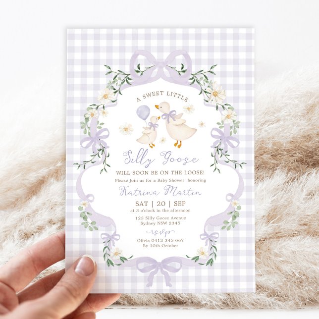 Preppy Silly Goose Purple Bow Girl Baby Shower Invitation (Creator Uploaded)