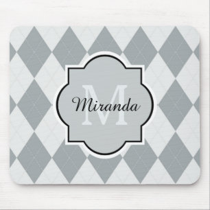 Preppy Soft Grey Argyle Girly Monogram and Name Mouse Mat