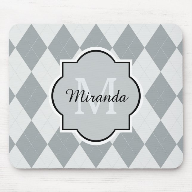 Preppy Soft Grey Argyle Girly Monogram and Name Mouse Mat (Front)
