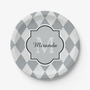 Preppy Soft Grey Argyle Girly Monogram and Name Paper Plate