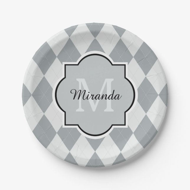 Preppy Soft Grey Argyle Girly Monogram and Name Paper Plate (Front)