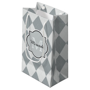 Preppy Soft Grey Argyle Girly Monogram and Name Small Gift Bag