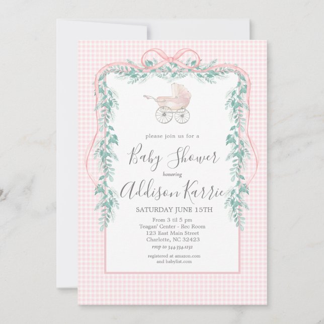 Preppy Southern baby carriage baby shower invite (Front)