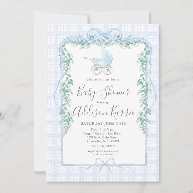 Preppy Southern baby carriage baby shower invite (Front)