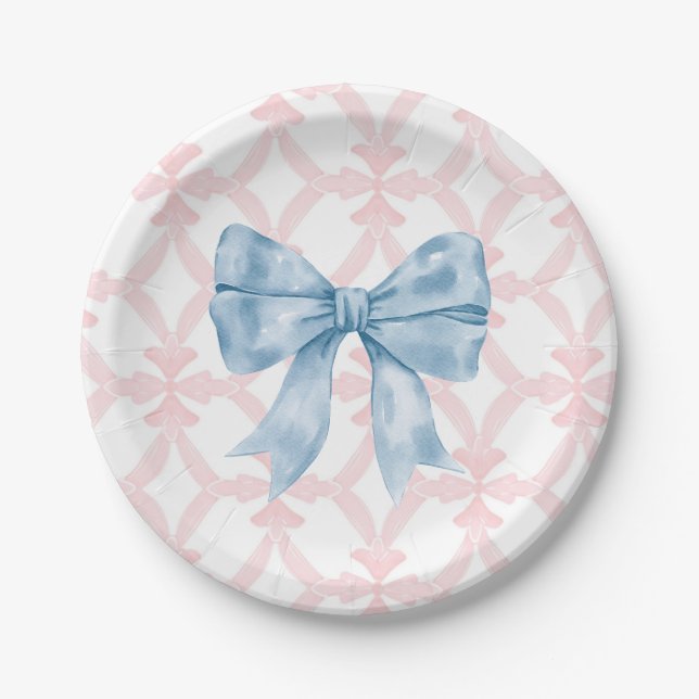 Preppy Southern Blue Bow Girl Baby Shower Paper Plate (Front)