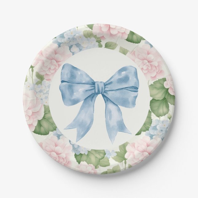 Preppy Southern Blue Bow Girl Baby Shower Paper Plate (Front)