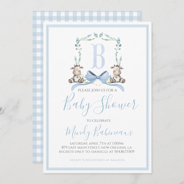 Preppy Southern Blue Boy Cow Baby Shower Invitation (Creator Uploaded)
