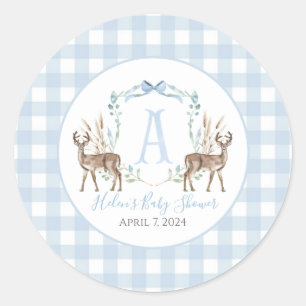 Preppy Southern Blue Boy Deer Baby Shower Classic Round Sticker