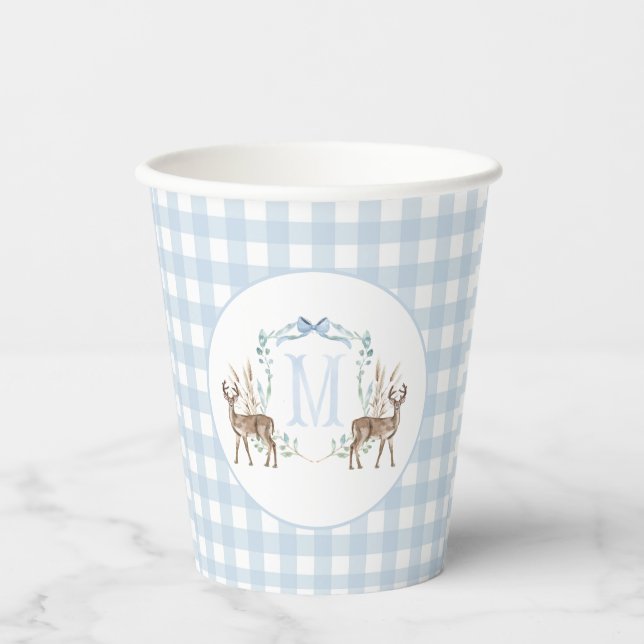 Preppy Southern Blue Boy Deer Baby Shower Paper Cups (Front)
