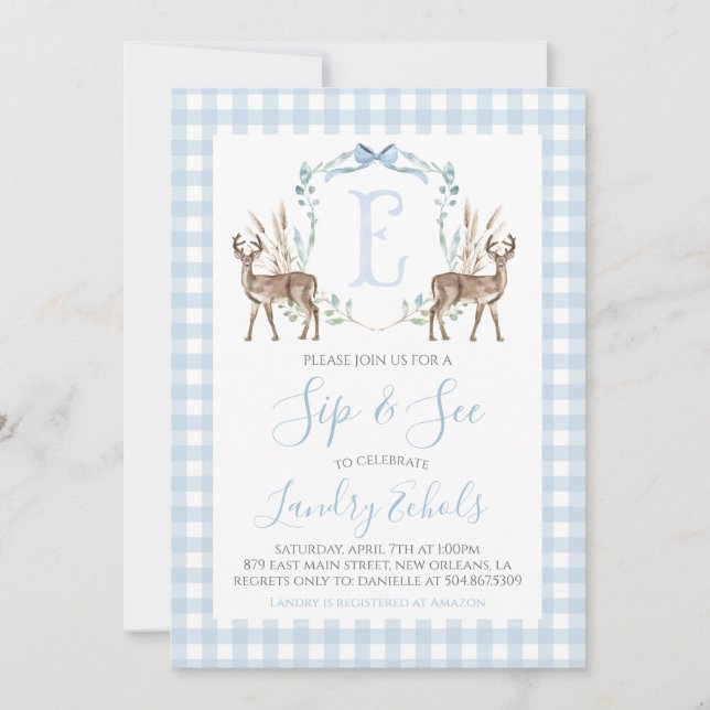 Preppy Southern Blue Boy Deer Hunter Sip and See Invitation (Front)