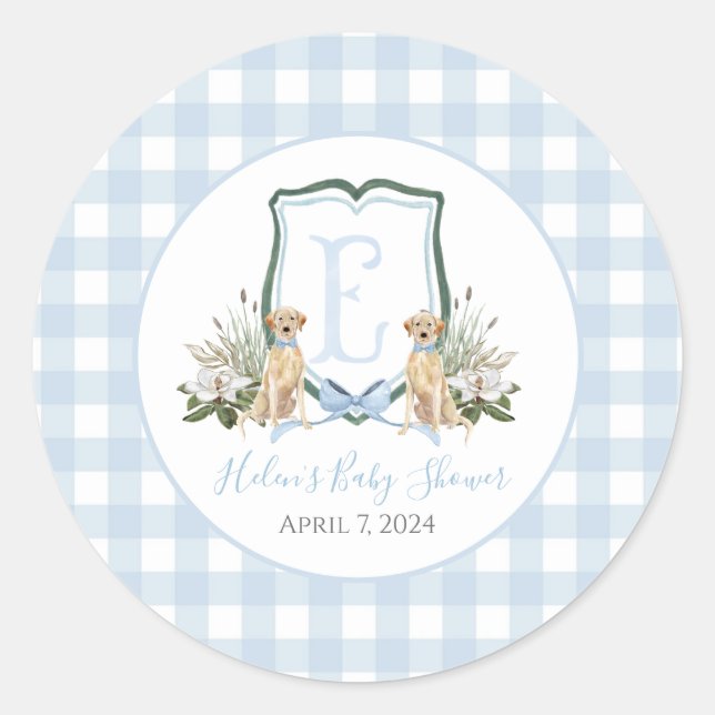 Preppy Southern Blue Boy Dog Baby Shower Classic Round Sticker (Front)