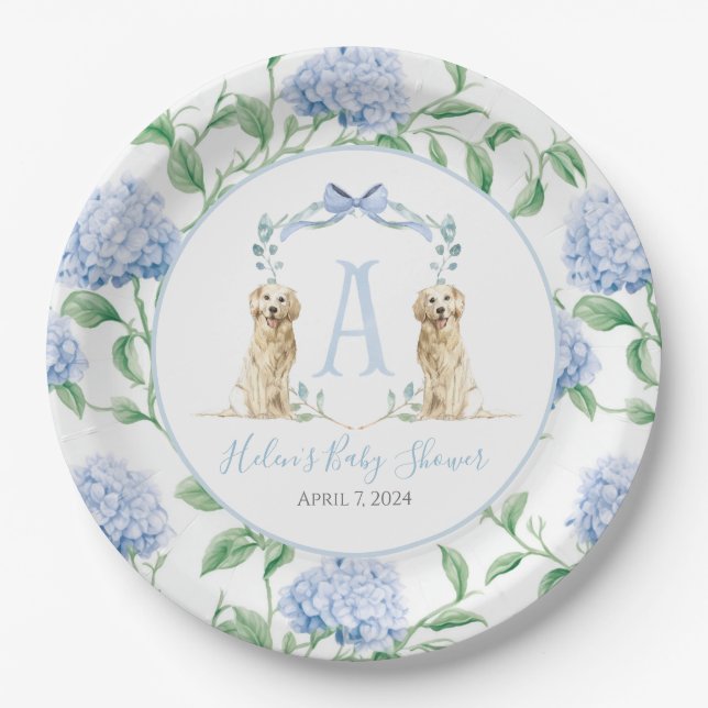 Preppy Southern Blue Boy Dog Baby Shower Paper Plate (Front)