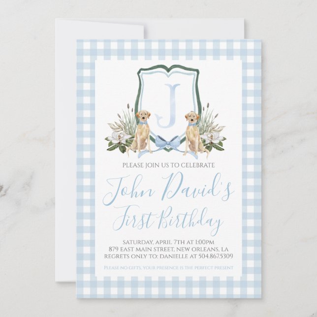 Preppy Southern Blue Boy Dog first Birthday Invitation (Front)