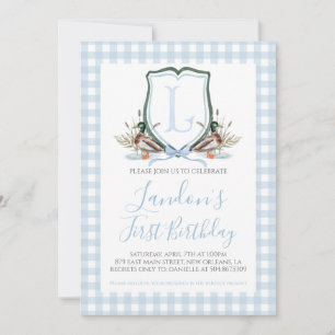 Preppy Southern Blue Boy Duck first Birthday Invitation