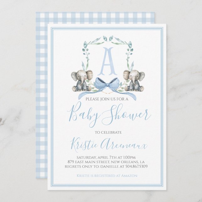 Preppy Southern Blue Boy Elephant Baby Shower Invitation (Creator Uploaded)