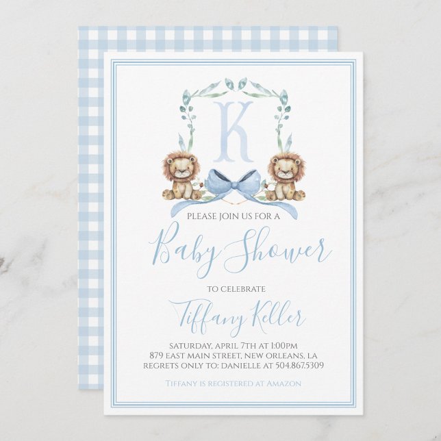 Preppy Southern Blue Boy Lion Baby Shower Invitation (Creator Uploaded)