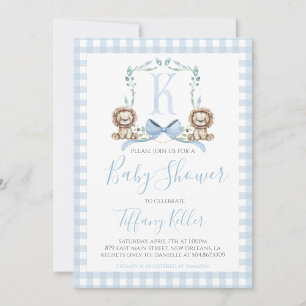 Preppy Southern Blue Boy Lion Baby Shower Invitation