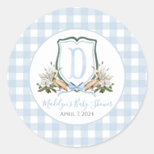 Preppy Southern Blue Boy Pelican Baby Shower Classic Round Sticker