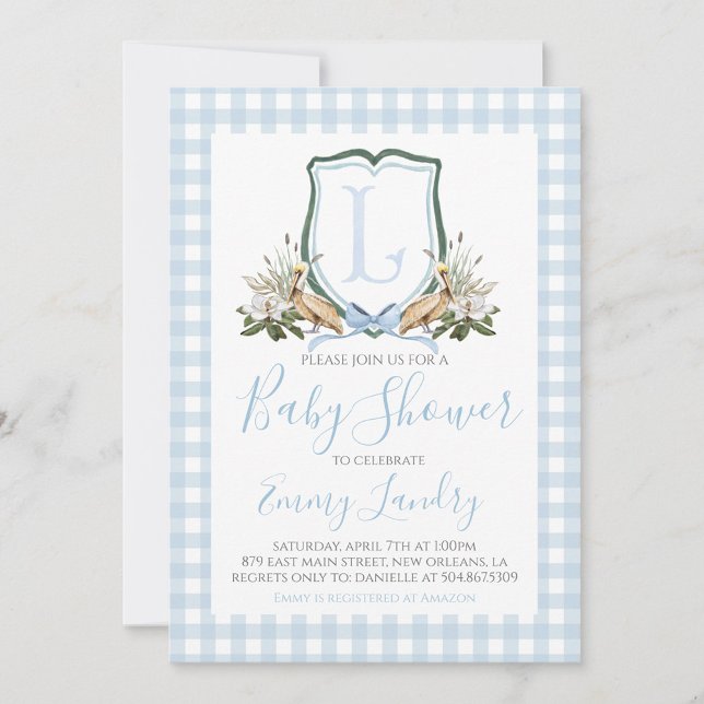 Preppy Southern Blue Boy Pelican Baby Shower Invitation (Creator Uploaded)
