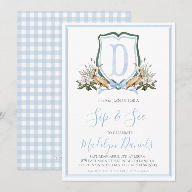 Preppy Southern Blue Boy Pelican Sip & See Invitation (Front/Back)