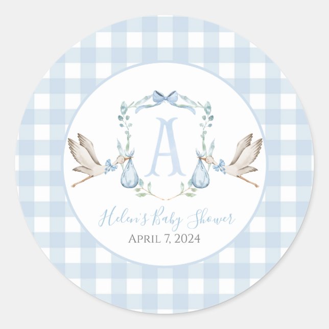 Preppy Southern Blue Boy Stork Baby Shower Classic Round Sticker (Front)
