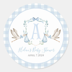 Preppy Southern Blue Boy Stork Baby Shower Classic Round Sticker